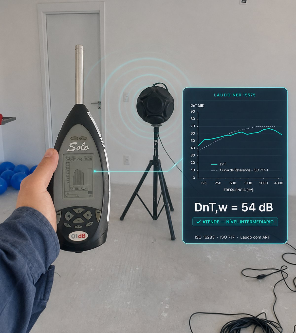Ensaio acústico NBR 15575 em campo: medidor Classe 1 e fonte sonora dodecaédrica, com o resultado do laudo DnT,w = 54 dB atendendo o nível intermediário