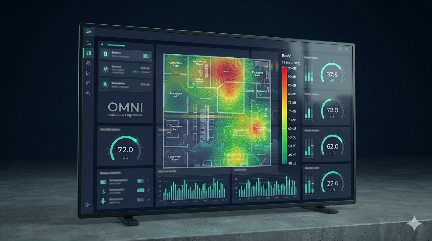 Painel Omni em tela grande com mapa de calor de ruído da planta, escala em dB(A), medidores por setor e gráficos horários