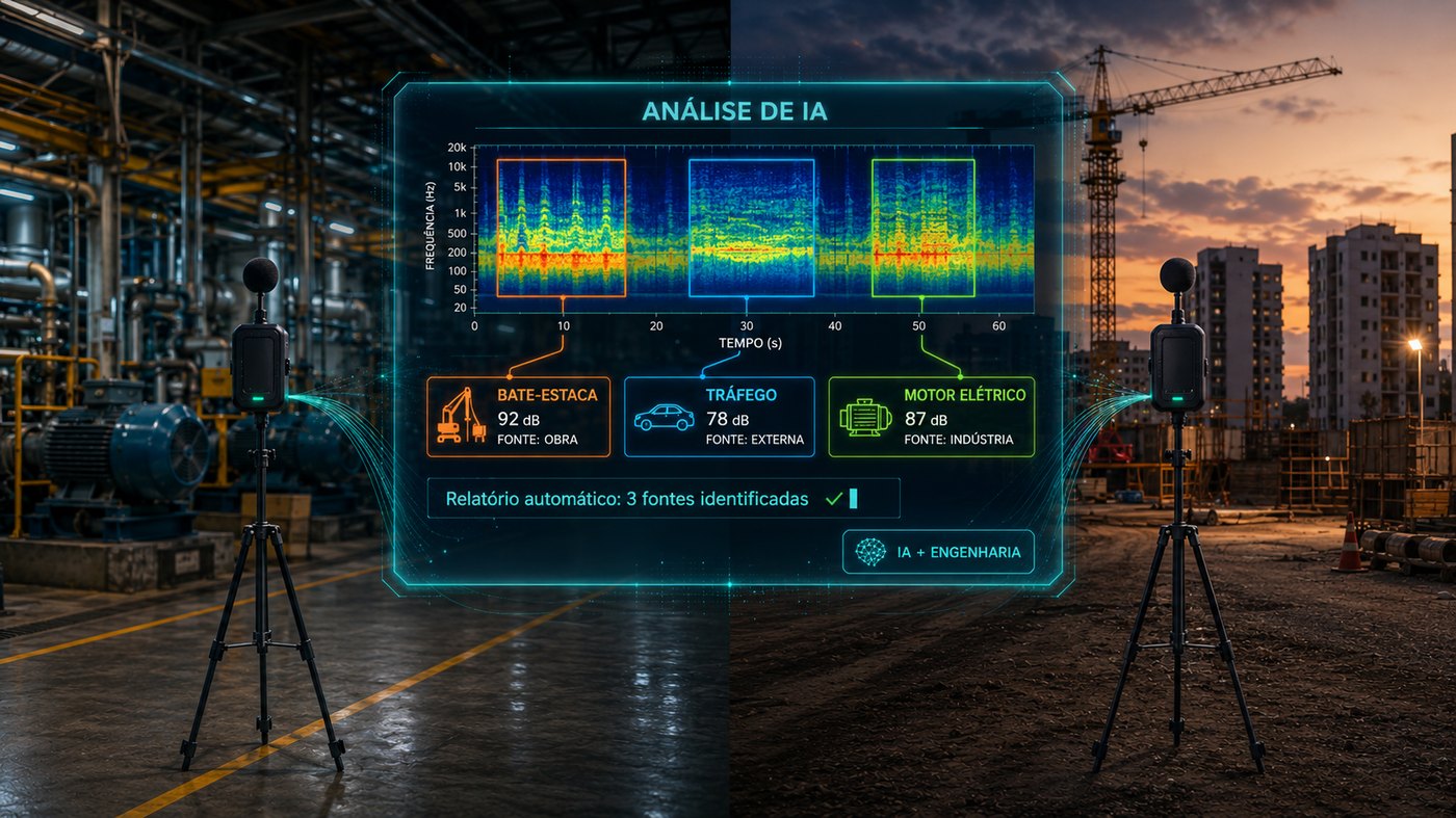 Análise de IA da Omni: espectrograma identificando e classificando três fontes de ruído — bate-estaca 92 dB (obra), tráfego 78 dB (fonte externa) e motor elétrico 87 dB (indústria) — com sensores em tripé em campo livre na planta industrial e no canteiro