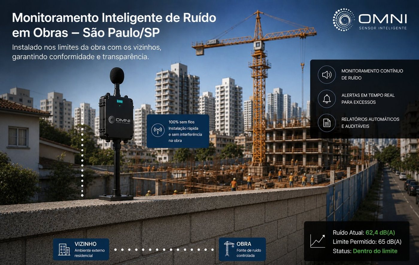 Sensor Omni instalado no muro divisório entre a obra e a vizinhança, monitorando ruído em tempo real com status dentro do limite