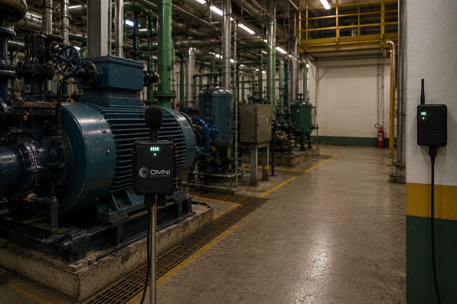 Dois sensores de ruído Omni monitorando uma casa de máquinas industrial — um em poste junto aos motores e outro na coluna, em monitoramento multiponto