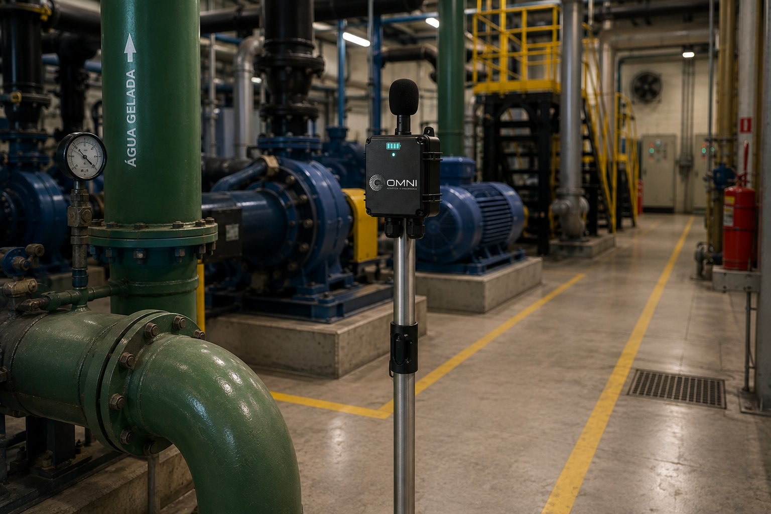 Sensor acústico Omni em caixa IP65 montado em poste, com microfone protegido, instalado em casa de máquinas industrial junto a bombas e tubulação