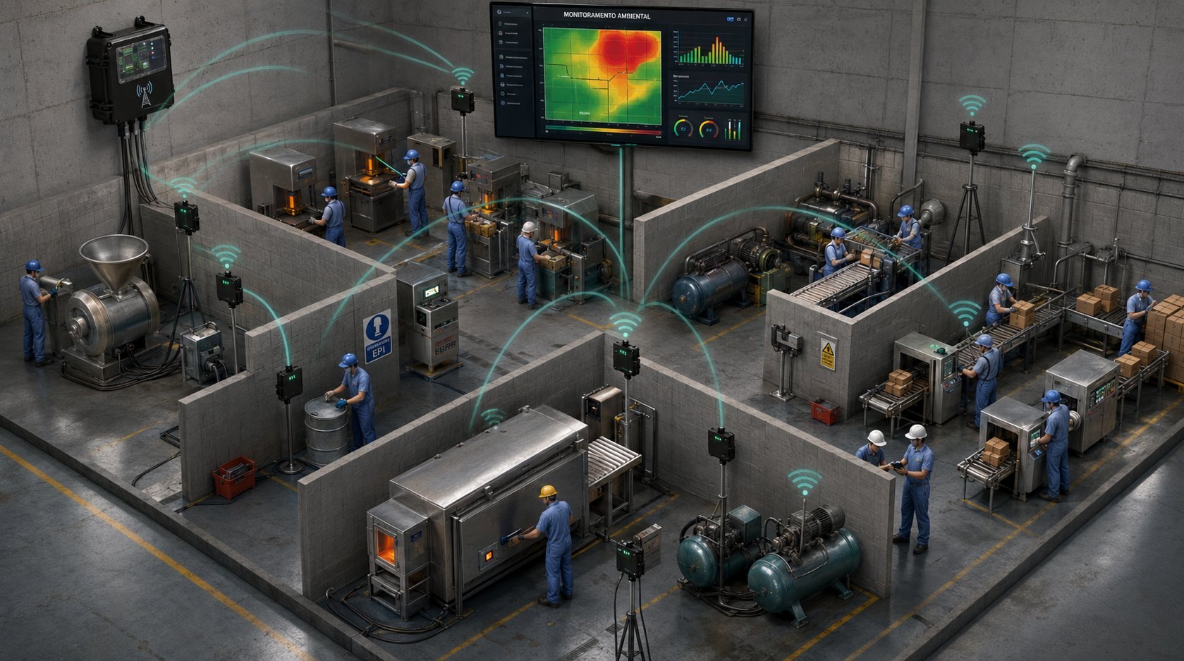 Sistema Omni: vários sensores sem fio distribuídos pela planta industrial enviam dados a um coletor e a um dashboard com mapa de ruído
